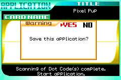 A screenshot of the e-Reader prompting to save the game after it was scanned